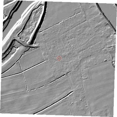 Shaded relief map of the ground around PE343FB, computed from Environment Agency LiDAR. The ground here sits at about 2 m above sea level and falls 8 m across the surrounding 800 m. Surface water reaching this point runs off ground lying to the east-north-east, 4.9 m higher.