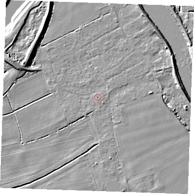 Shaded relief map of the ground around PE343FF, computed from Environment Agency LiDAR. The ground here sits at about 3 m above sea level and falls 8 m across the surrounding 800 m. Surface water reaching this point runs off ground lying to the east-south-east, 0.7 m higher.