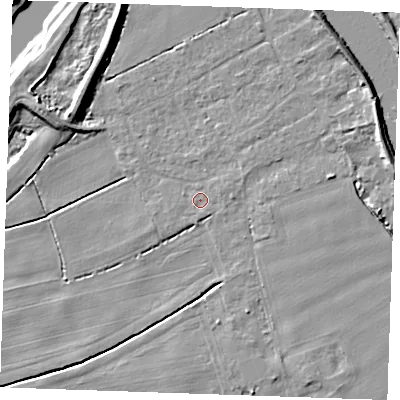 Shaded relief map of the ground around PE343FH, computed from Environment Agency LiDAR. The ground here sits at about 2 m above sea level and falls 8 m across the surrounding 800 m. Surface water reaching this point runs off ground lying to the east-north-east, 0.8 m higher.