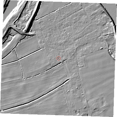 Shaded relief map of the ground around PE343FL, computed from Environment Agency LiDAR. The ground here sits at about 2 m above sea level and falls 8 m across the surrounding 800 m. Surface water reaching this point runs off ground lying to the south, 0.6 m higher.