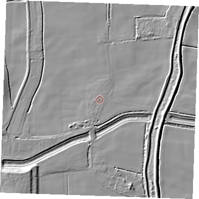 Shaded relief map of the ground around PE343FN, computed from Environment Agency LiDAR. The ground here sits at about 3 m above sea level and falls 7 m across the surrounding 800 m. Surface water reaching this point runs off ground lying to the west-south-west, 0.6 m higher.