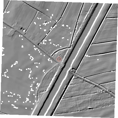 Shaded relief map of the ground around PE343FP, computed from Environment Agency LiDAR. The ground here sits at about 1 m above sea level and falls 4 m across the surrounding 800 m. Surface water reaching this point runs off ground lying to the south-south-east, 2.2 m higher.