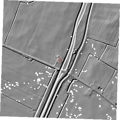 Shaded relief map of the ground around PE343FQ, computed from Environment Agency LiDAR. The ground here sits at about 1 m above sea level and falls 5 m across the surrounding 800 m. Surface water reaching this point runs off ground lying to the north-north-west, 0.9 m higher.