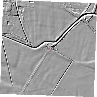 Shaded relief map of the ground around PE343FR, computed from Environment Agency LiDAR. The ground here sits at about 4 m above sea level and falls 7 m across the surrounding 800 m. Surface water reaching this point runs off ground lying to the north-east, 2.9 m higher.