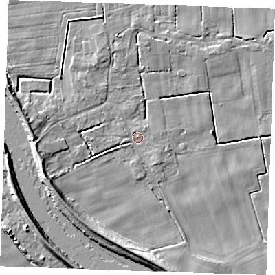 Shaded relief map of the ground around PE343HB, computed from Environment Agency LiDAR. The ground here sits at about 2 m above sea level and falls 8 m across the surrounding 800 m. Surface water reaching this point runs off ground lying to the west, 1.9 m higher.