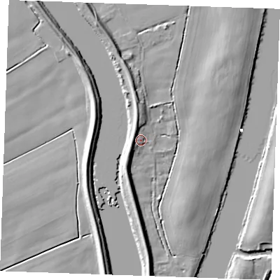 Shaded relief map of the ground around PE343HF, computed from Environment Agency LiDAR. The ground here sits at about 4 m above sea level and falls 8 m across the surrounding 800 m. Surface water reaching this point runs off ground lying to the north-north-west, 4.2 m higher.