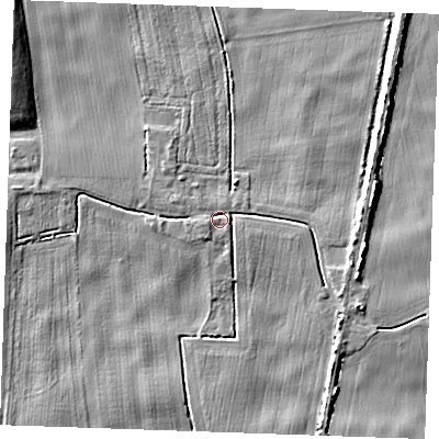Shaded relief map of the ground around PE343HH, computed from Environment Agency LiDAR. The ground here sits at about 2 m above sea level and falls 6 m across the surrounding 800 m. Surface water reaching this point runs off ground lying to the east, 3.1 m higher.