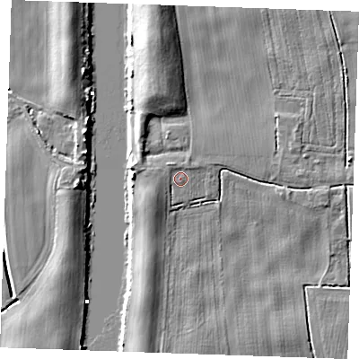 Shaded relief map of the ground around PE343HJ, computed from Environment Agency LiDAR. The ground here sits at about 3 m above sea level and falls 8 m across the surrounding 800 m. Surface water reaching this point runs off ground lying to the west-south-west, 1.8 m higher.