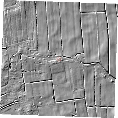 Shaded relief map of the ground around PE343HL, computed from Environment Agency LiDAR. The ground here sits at about 3 m above sea level and falls 4 m across the surrounding 800 m. Surface water reaching this point runs off ground lying to the south-south-west, 0.8 m higher.