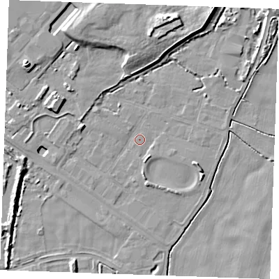 Shaded relief map of the ground around PE343HN, computed from Environment Agency LiDAR. The ground here sits at about 2 m above sea level and falls 9 m across the surrounding 800 m. Surface water reaching this point runs off ground lying to the north, 7.0 m higher.