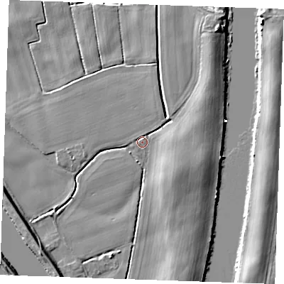 Shaded relief map of the ground around PE343HQ, computed from Environment Agency LiDAR. The ground here sits at about 2 m above sea level and falls 8 m across the surrounding 800 m. Surface water reaching this point runs off ground lying to the east-south-east, 6.0 m higher.