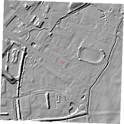 Shaded relief map of the ground around PE343HW, computed from Environment Agency LiDAR. The ground here sits at about 2 m above sea level and falls 10 m across the surrounding 800 m. Surface water reaching this point runs off ground lying to the west-north-west, 0.5 m higher.