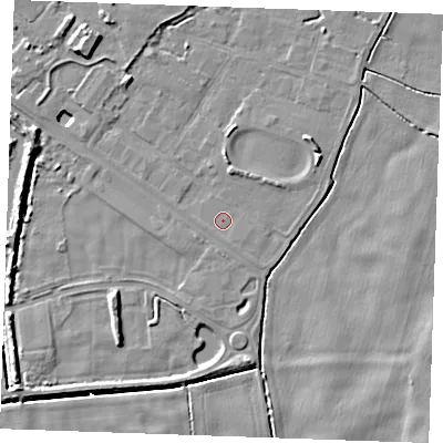 Shaded relief map of the ground around PE343JA, computed from Environment Agency LiDAR. The ground here sits at about 2 m above sea level and falls 7 m across the surrounding 800 m. Surface water reaching this point runs off ground lying to the north-west, 4.6 m higher.