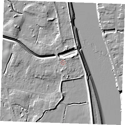 Shaded relief map of the ground around PE343JE, computed from Environment Agency LiDAR. The ground here sits at about 5 m above sea level and falls 9 m across the surrounding 800 m. Surface water reaching this point runs off ground lying to the north-north-east, 1.7 m higher.