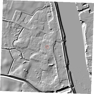 Shaded relief map of the ground around PE343JF, computed from Environment Agency LiDAR. The ground here sits at about 5 m above sea level and falls 9 m across the surrounding 800 m. Surface water reaching this point runs off ground lying to the south-east, 1.2 m higher.