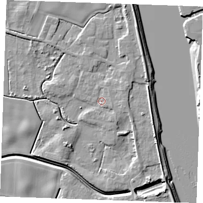 Shaded relief map of the ground around PE343JG, computed from Environment Agency LiDAR. The ground here sits at about 4 m above sea level and falls 9 m across the surrounding 800 m. Surface water reaching this point runs off ground lying to the east-south-east, 2.5 m higher.