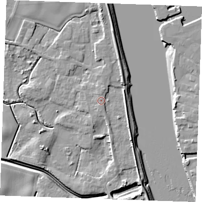 Shaded relief map of the ground around PE343JH, computed from Environment Agency LiDAR. The ground here sits at about 5 m above sea level and falls 9 m across the surrounding 800 m. Surface water reaching this point runs off ground lying to the south-south-east, 3.4 m higher.
