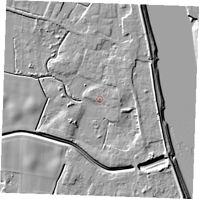 Shaded relief map of the ground around PE343JJ, computed from Environment Agency LiDAR. The ground here sits at about 4 m above sea level and falls 9 m across the surrounding 800 m. Surface water reaching this point runs off ground lying to the east, 2.4 m higher.
