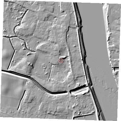 Shaded relief map of the ground around PE343JL, computed from Environment Agency LiDAR. The ground here sits at about 4 m above sea level and falls 9 m across the surrounding 800 m. Surface water reaching this point runs off ground lying to the north-north-east, 3.0 m higher.