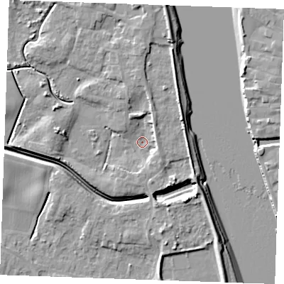Shaded relief map of the ground around PE343JN, computed from Environment Agency LiDAR. The ground here sits at about 2 m above sea level and falls 9 m across the surrounding 800 m. Surface water reaching this point runs off ground lying to the north, 3.6 m higher.