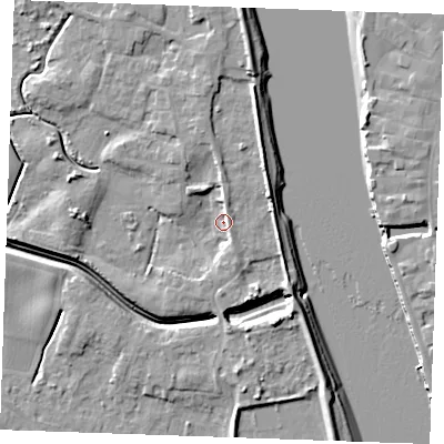 Shaded relief map of the ground around PE343JP, computed from Environment Agency LiDAR. The ground here sits at about 3 m above sea level and falls 9 m across the surrounding 800 m. Surface water reaching this point runs off ground lying to the east-north-east, 7.3 m higher.