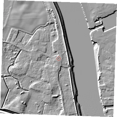 Shaded relief map of the ground around PE343JQ, computed from Environment Agency LiDAR. The ground here sits at about 5 m above sea level and falls 8 m across the surrounding 800 m. Surface water reaching this point runs off ground lying to the south-south-east, 0.6 m higher.