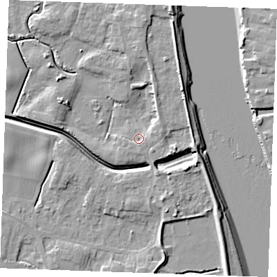 Shaded relief map of the ground around PE343JR, computed from Environment Agency LiDAR. The ground here sits at about 4 m above sea level and falls 9 m across the surrounding 800 m. Surface water reaching this point runs off ground lying to the east-south-east, 1.8 m higher.