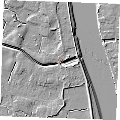 Shaded relief map of the ground around PE343JS, computed from Environment Agency LiDAR. The ground here sits at about 5 m above sea level and falls 9 m across the surrounding 800 m. Surface water reaching this point runs off ground lying to the east, 7.2 m higher.