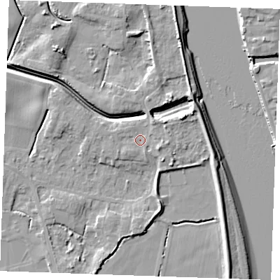 Shaded relief map of the ground around PE343JT, computed from Environment Agency LiDAR. The ground here sits at about 5 m above sea level and falls 9 m across the surrounding 800 m. Surface water reaching this point runs off ground lying to the north-east, 2.3 m higher.