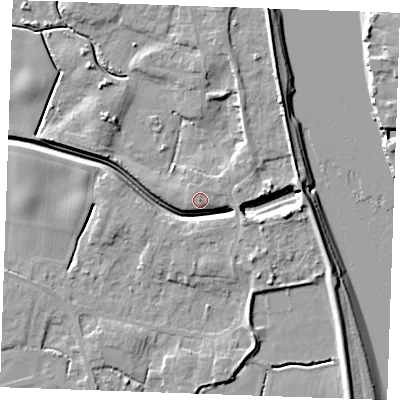 Shaded relief map of the ground around PE343JU, computed from Environment Agency LiDAR. The ground here sits at about 4 m above sea level and falls 9 m across the surrounding 800 m. Surface water reaching this point runs off ground lying to the east-north-east, 0.7 m higher.