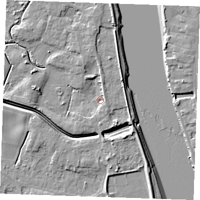 Shaded relief map of the ground around PE343JW, computed from Environment Agency LiDAR. The ground here sits at about 2 m above sea level and falls 9 m across the surrounding 800 m. Surface water reaching this point runs off ground lying to the south-south-east, 3.4 m higher.
