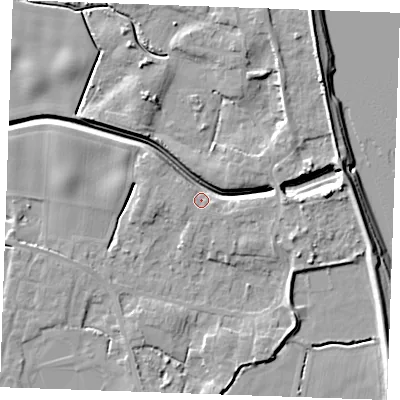 Shaded relief map of the ground around PE343JX, computed from Environment Agency LiDAR. The ground here sits at about 4 m above sea level and falls 9 m across the surrounding 800 m. Surface water reaching this point runs off ground lying to the east, 7.4 m higher.