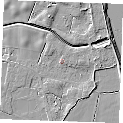 Shaded relief map of the ground around PE343JY, computed from Environment Agency LiDAR. The ground here sits at about 4 m above sea level and falls 9 m across the surrounding 800 m. Surface water reaching this point runs off ground lying to the east, 4.8 m higher.