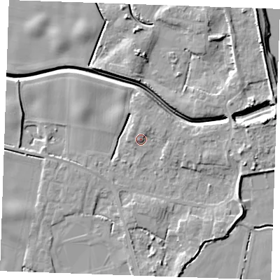 Shaded relief map of the ground around PE343JZ, computed from Environment Agency LiDAR. The ground here sits at about 4 m above sea level and falls 9 m across the surrounding 800 m. Surface water reaching this point runs off ground lying to the north-north-west, 1.6 m higher.