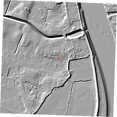 Shaded relief map of the ground around PE343LA, computed from Environment Agency LiDAR. The ground here sits at about 3 m above sea level and falls 9 m across the surrounding 800 m. Surface water reaching this point runs off ground lying to the east-north-east, 4.8 m higher.