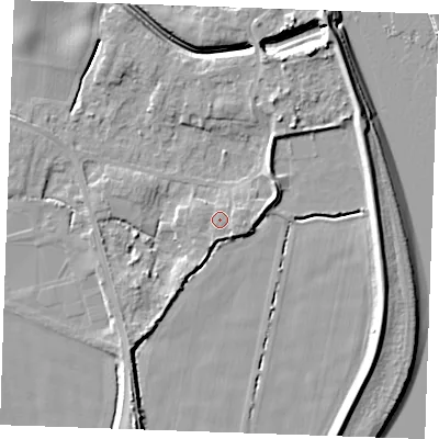 Shaded relief map of the ground around PE343LD, computed from Environment Agency LiDAR. The ground here sits at about 5 m above sea level and falls 9 m across the surrounding 800 m. Surface water reaching this point runs off ground lying to the south-east, 1.5 m higher.