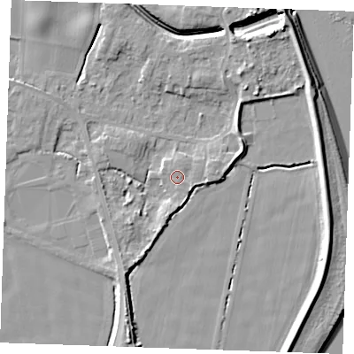 Shaded relief map of the ground around PE343LE, computed from Environment Agency LiDAR. The ground here sits at about 5 m above sea level and falls 9 m across the surrounding 800 m. Surface water reaching this point runs off ground lying to the east, 1.4 m higher.