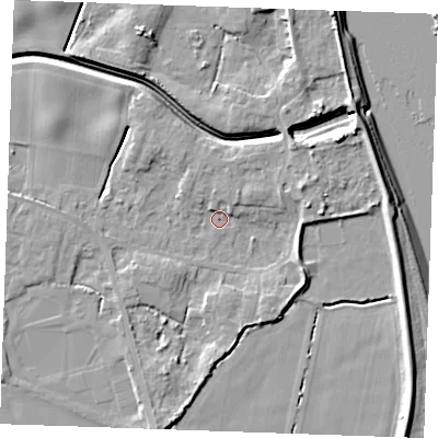 Shaded relief map of the ground around PE343LF, computed from Environment Agency LiDAR. The ground here sits at about 3 m above sea level and falls 9 m across the surrounding 800 m. Surface water reaching this point runs off ground lying to the east, 4.8 m higher.