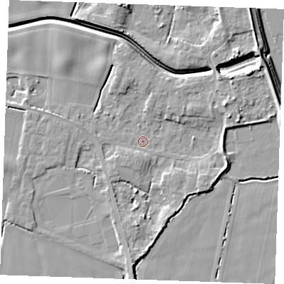 Shaded relief map of the ground around PE343LG, computed from Environment Agency LiDAR. The ground here sits at about 3 m above sea level and falls 9 m across the surrounding 800 m. Surface water reaching this point runs off ground lying to the east-north-east, 4.8 m higher.