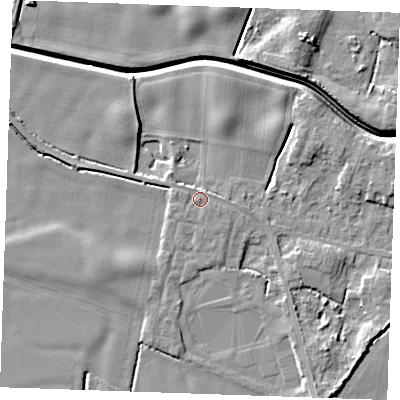 Shaded relief map of the ground around PE343LH, computed from Environment Agency LiDAR. The ground here sits at about 4 m above sea level and falls 7 m across the surrounding 800 m. Surface water reaching this point runs off ground lying to the south-west, 0.6 m higher.