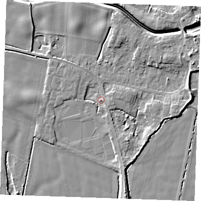 Shaded relief map of the ground around PE343LJ, computed from Environment Agency LiDAR. The ground here sits at about 3 m above sea level and falls 8 m across the surrounding 800 m. Surface water reaching this point runs off ground lying to the east-north-east, 2.7 m higher.