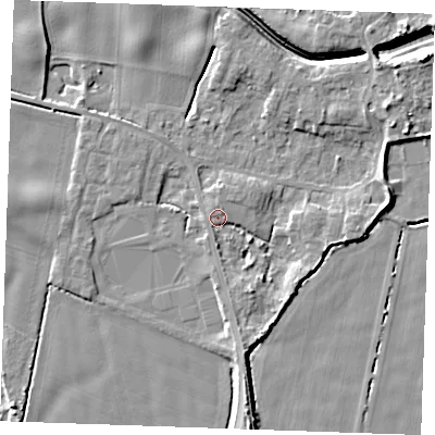 Shaded relief map of the ground around PE343LL, computed from Environment Agency LiDAR. The ground here sits at about 4 m above sea level and falls 9 m across the surrounding 800 m. Surface water reaching this point runs off ground lying to the south-south-east, 4.0 m higher.