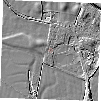 Shaded relief map of the ground around PE343LN, computed from Environment Agency LiDAR. The ground here sits at about 3 m above sea level and falls 9 m across the surrounding 800 m. Surface water reaching this point runs off ground lying to the west-north-west, 2.0 m higher.