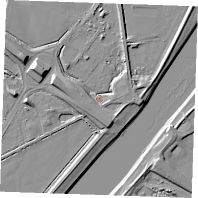 Shaded relief map of the ground around PE343LP, computed from Environment Agency LiDAR. The ground here sits at about 4 m above sea level and falls 10 m across the surrounding 800 m. Surface water reaching this point runs off ground lying to the south-south-east, 8.3 m higher.