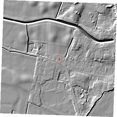 Shaded relief map of the ground around PE343LQ, computed from Environment Agency LiDAR. The ground here sits at about 3 m above sea level and falls 7 m across the surrounding 800 m. Surface water reaching this point runs off ground lying to the east, 2.6 m higher.