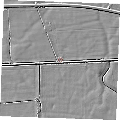Shaded relief map of the ground around PE343LR, computed from Environment Agency LiDAR. The ground here sits at about 3 m above sea level and falls 5 m across the surrounding 800 m. Surface water reaching this point runs off ground lying to the east, 3.4 m higher.