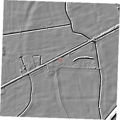 Shaded relief map of the ground around PE343LS, computed from Environment Agency LiDAR. The ground here sits at about 3 m above sea level and falls 6 m across the surrounding 800 m. Surface water reaching this point runs off ground lying to the west, 1.0 m higher.