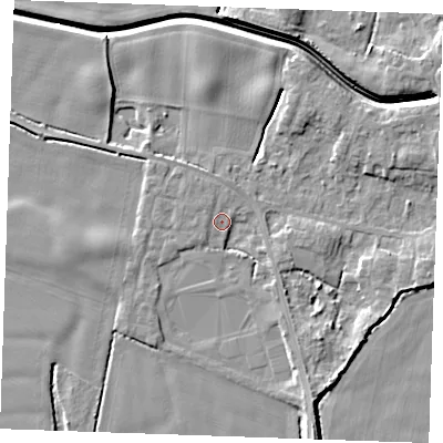 Shaded relief map of the ground around PE343LU, computed from Environment Agency LiDAR. The ground here sits at about 3 m above sea level and falls 7 m across the surrounding 800 m. Surface water reaching this point runs off ground lying to the north-west, 1.9 m higher.