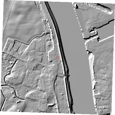 Shaded relief map of the ground around PE343LX, computed from Environment Agency LiDAR. The ground here sits at about 5 m above sea level and falls 11 m across the surrounding 800 m. Surface water reaching this point runs off ground lying to the north, 2.6 m higher.