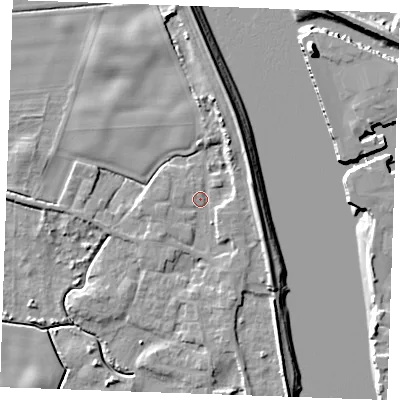 Shaded relief map of the ground around PE343LY, computed from Environment Agency LiDAR. The ground here sits at about 4 m above sea level and falls 11 m across the surrounding 800 m. Surface water reaching this point runs off ground lying to the south-south-east, 2.2 m higher.